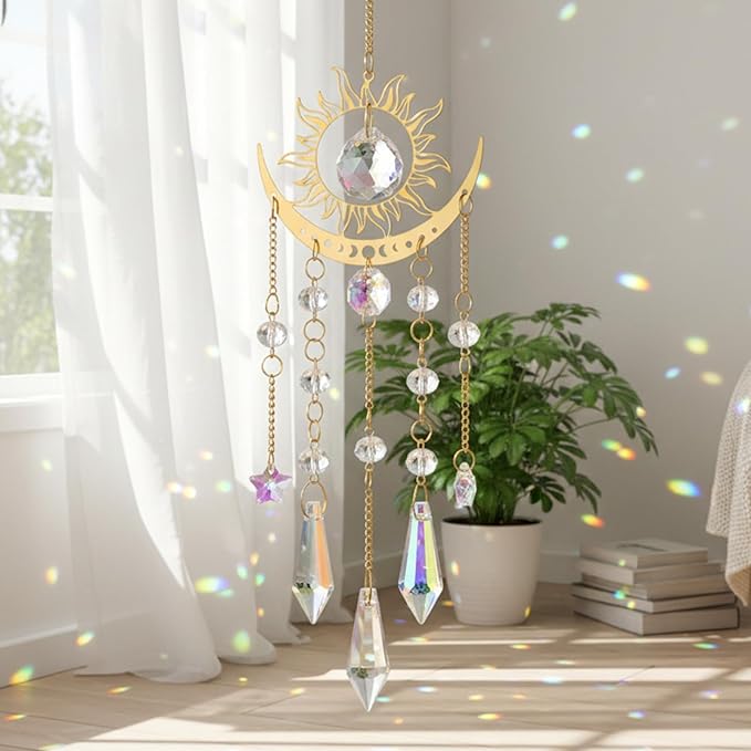 Crystal Prism Sun Catchers Rainbow Maker, Window Prism Rainbow Maker, Sun and Moon Catchers for Indoor Window Hanging, Outdoor Home Garden, Room Decor, Gift for Women