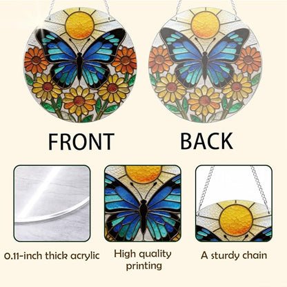 Butterfly Acrylic Window Hanging Suncatcher, Yellow Flower Window Wall Art, Butterfly Suncatchers for Windows Doors Home Decoration, Housewarming, Festival, Birthday Gift for Women
