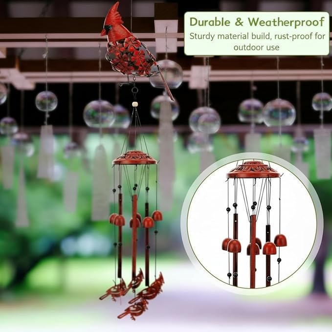 Cardinal Wind Chimes for Outside 34'' 3D Red Bird Metal Wind Chimes Hanging Decoration Cardinal Gifts Women Grandma Mom Memorial Red Bird Decor for Outdoor Garden Yard Patio Backyard