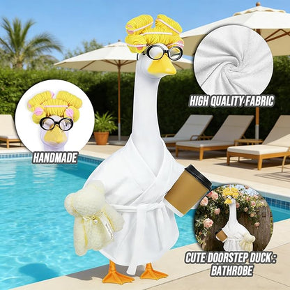 Lady Porch Goose Outfits,Bathrobe Porch Goose Statue Costume with Curlers Reading Glasses Coffee Cup Towel, Cute Goose Clothes for 23-Inch Cement Statue, Lawn Yard Garden Patio Decor(White)