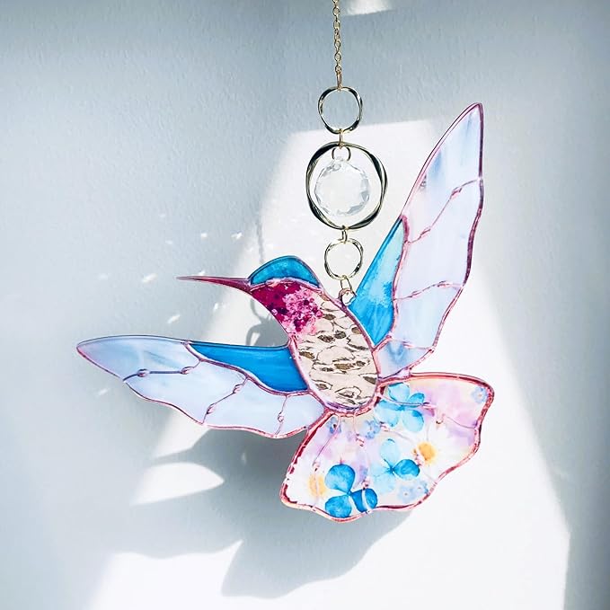 Blue Acrylic Hummingbird Flowers Garden Suncatcher Window Hanging Crystal Prism Rainbow Maker Sun Catcher Ornaments Birthday Christmas Thanksgiving Gifts for Mom Grandma Sister Bird Lovers