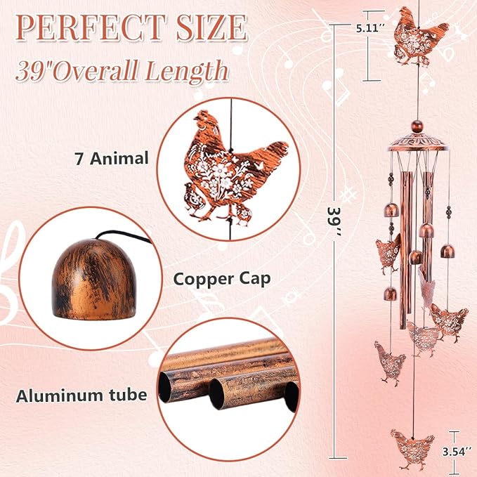 Chicken Wind Chimes for Outside - Metal Windchimes Outdoors, Rooster Gifts for Women/Men, Memorial/Birthday/Housewarming/Festival Gifts, Chimes for Garden Decor Patio Yard Outdoors