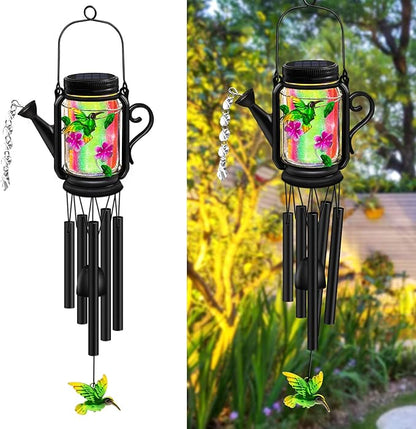 Solar Hummingbird Wind Chimes for Outside for Mom Women Grandma,Solar Mason Jar Watering Can Hummingbird Light Unique Hanging Wind Chimes Outdoor,Yard Garden Terrace Courtyard