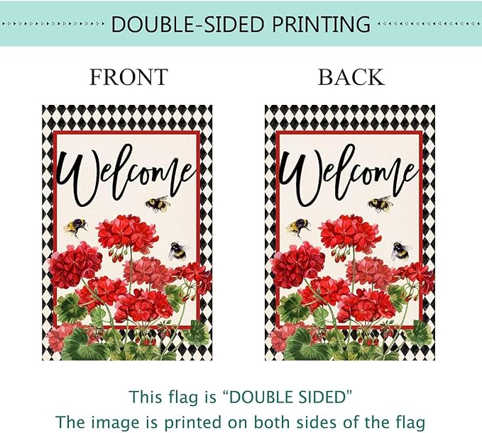 Baccessor Spring Summer Geranium Welcome House Flag Double Sided Summer Bee Red Floral Buffalo Plaid Burlap Large Flag House Seasonal Farmhouse Outside Outdoor Decoration 28 x 40 Inch
