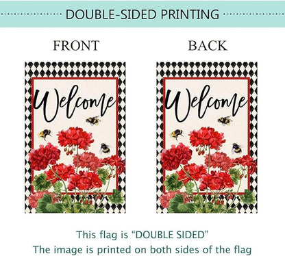 Baccessor Spring Summer Geranium Welcome House Flag Double Sided Summer Bee Red Floral Buffalo Plaid Burlap Large Flag House Seasonal Farmhouse Outside Outdoor Decoration 28 x 40 Inch