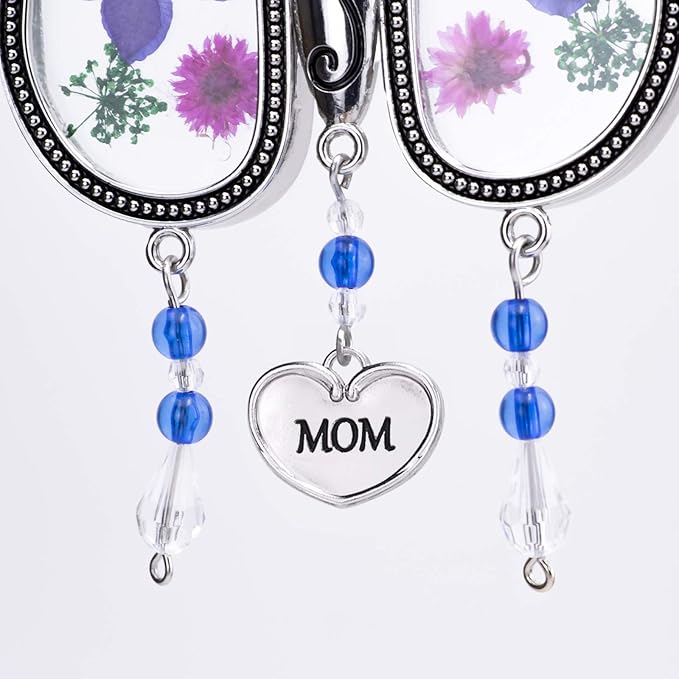 Laraine Butterfly Suncatcher with Pressed Flower Wings Mother's Day Butterfly Glass Wind Chime Ornament Charm with Metal Heart Gifts for Mom Grandma Birthday (Purple Mom (with Free Hook))