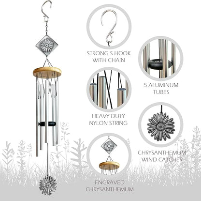 Daisy Wind Chime for Outside,29 "Memorial Outdoor Wind Chimes Sunflower Gifts for Women/Mother/Father/Christmas,Unique Windchimes Outdoors Daisy Garden Patio Home Yard Decor (Silver)