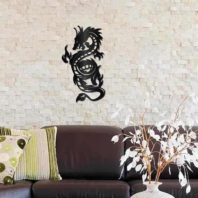 CREATCABIN Metal Dragon Wall Art Black Iron Signs Asia Japanese Chinese Dragon Sculpture Hanging Hollow Wall Artwork Ornament Decoration for Living Room Office Outside Garden Balcony 11.8 x 5.3 Inch