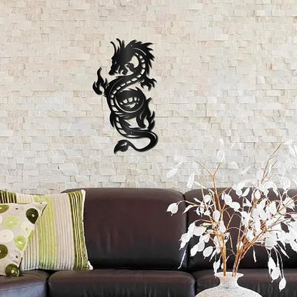 CREATCABIN Metal Dragon Wall Art Black Iron Signs Asia Japanese Chinese Dragon Sculpture Hanging Hollow Wall Artwork Ornament Decoration for Living Room Office Outside Garden Balcony 11.8 x 5.3 Inch
