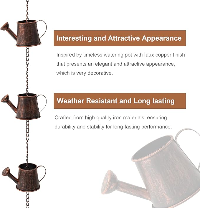 Glitzhome 8.5 FT Watering Pot Rain Chains, Faux Copper Rain Chains for Gutters with 11 Pots, Adjustable Rain Catcher Chain with V-Shaped Gutter