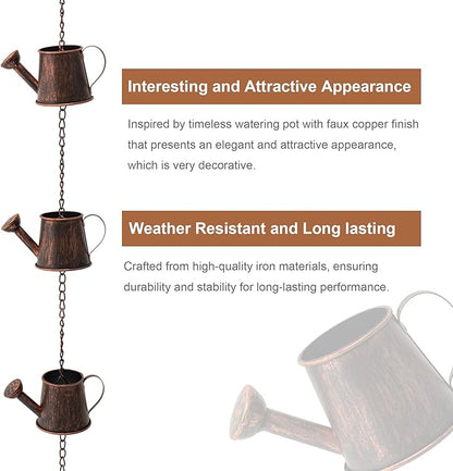 Glitzhome 8.5 FT Watering Pot Rain Chains, Faux Copper Rain Chains for Gutters with 11 Pots, Adjustable Rain Catcher Chain with V-Shaped Gutter