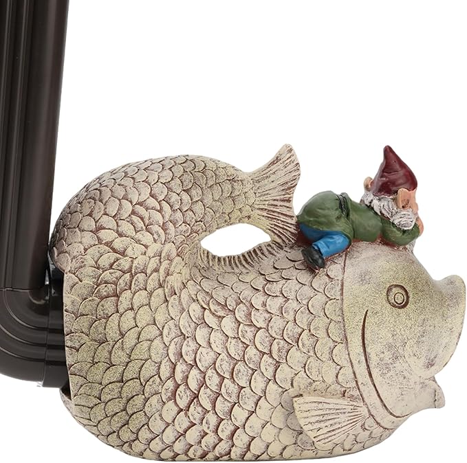Gnome and Fish Statue Gutter Downspout Extensions, Rain Gutter Downspout Splash Block Extender Cover Garden Yard Sculpture Decorative, 3" × 4" Downspouts