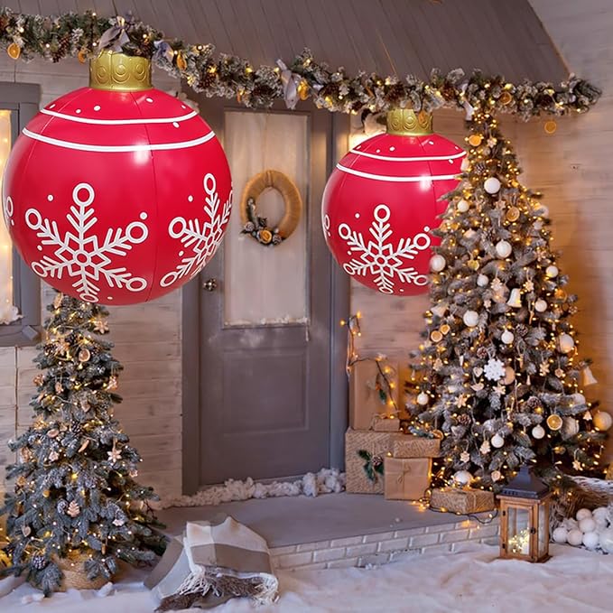 24 inch Inflatable Christmas Balls Ornaments, Christmas Decoration LED Lights with PVC, Giant Xmas Party Supplies, Garden Glow Up Balls with Remotes, Hanging Disco Balls with Snowflake 2PK