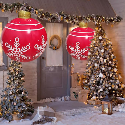 24 inch Inflatable Christmas Balls Ornaments, Christmas Decoration LED Lights with PVC, Giant Xmas Party Supplies, Garden Glow Up Balls with Remotes, Hanging Disco Balls with Snowflake 2PK