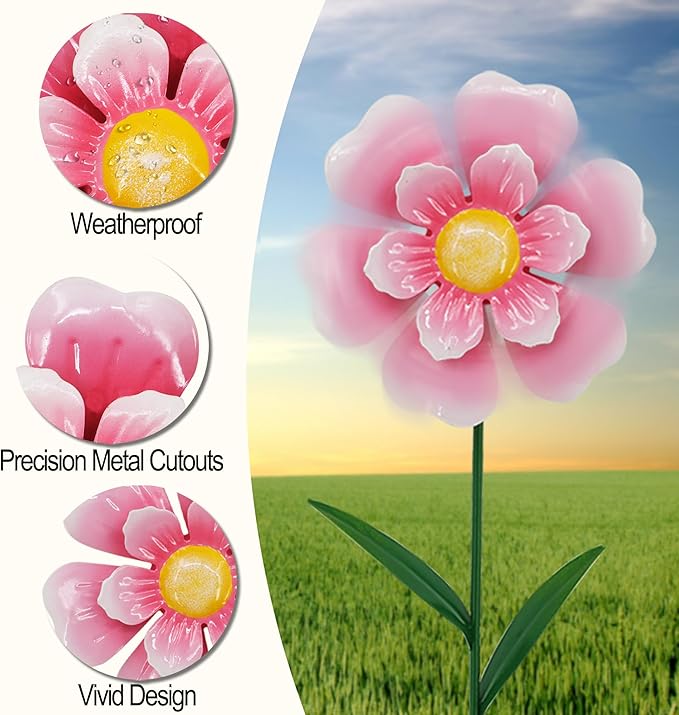 3pcs Flowers Yard Wind Spinners Outdoor Decoration Stakes Lawn Ornaments, Lawn Decorations Garden Stakes, Metal Outside Decorations for Metal Yard Art Flower Garden Decor, Spring Mom Gifts