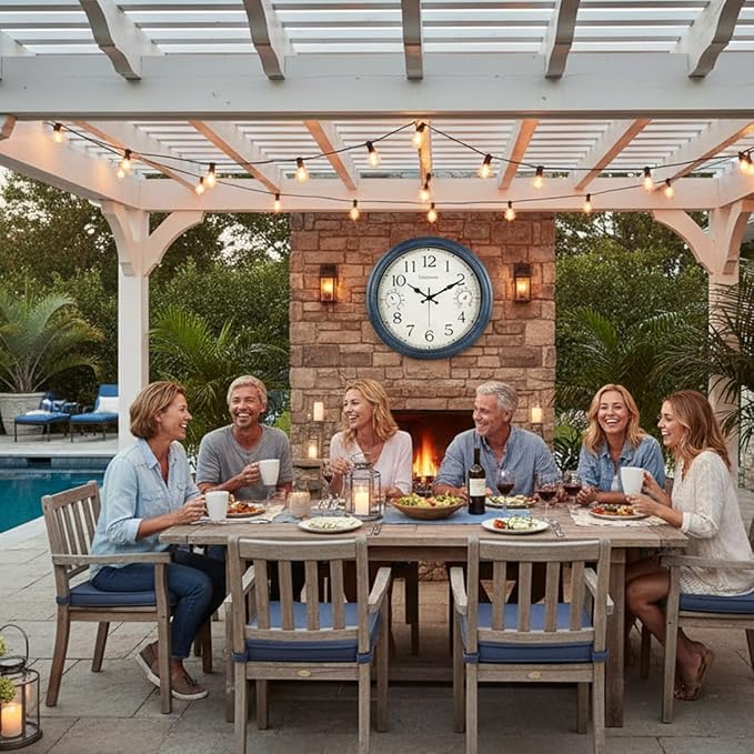 Crosstime 16 Inch Large Outdoor Clock with Thermometer & Hygrometer – Vintage Blue Coastal Decor Waterproof Wall Clock for Patio, Pool, Garden, Backyard