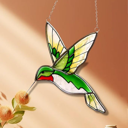Hummingbird Stained Glass Window Hanging Light Catchers Home Decor Handmade Ruby Throated Bird Sun Catchers Indoor Window Ornament Hummingbird Gifts for Women & Mom Bird Lovers