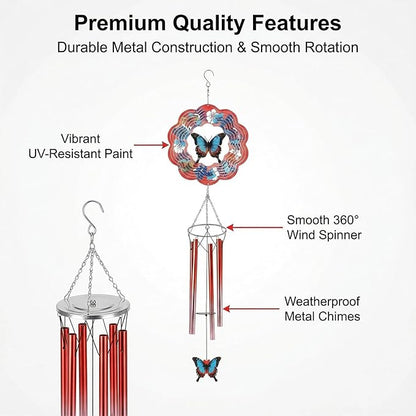 Butterfly Wind Chimes - Metal Wind Chimes with Clear Melodies, Weatherproof Outdoor Decorative Garden, Courtyard, Porch, Gift, Courtyard, Porch, Garden Hanging Ornaments