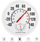Circrane 13.25 Inch Round Thermometer with Hygrometer, Large Indoor Wall Patio Bimetal Weather Thermometer, No Battery Required, White