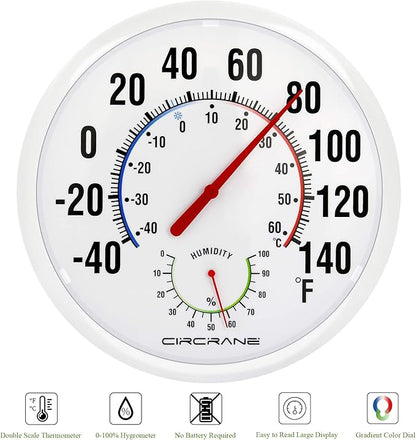 Circrane 13.25 Inch Round Thermometer with Hygrometer, Large Indoor Wall Patio Bimetal Weather Thermometer, No Battery Required, White