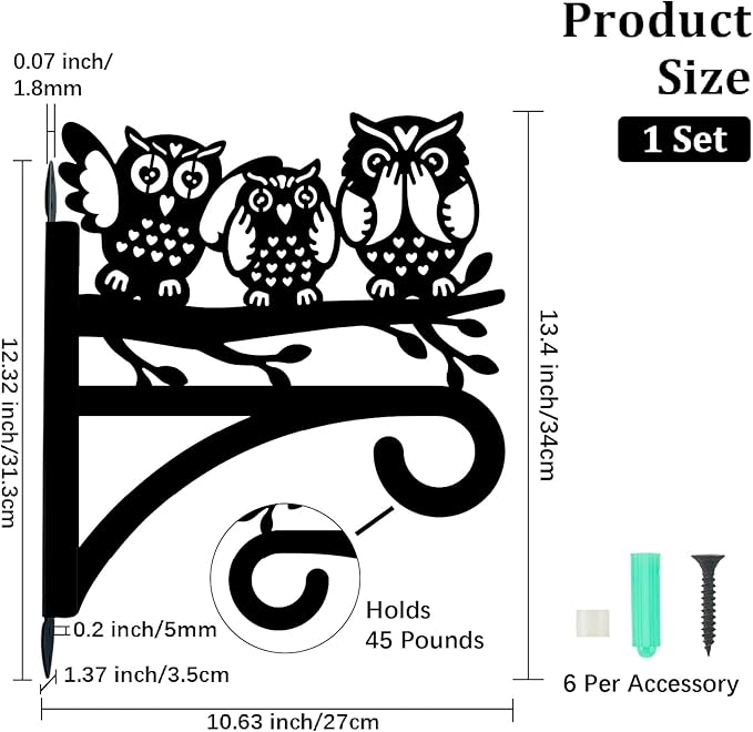 Owl Plant Hanger Bracket Iron Plant Brackets 10.6 x 11.8 Inch Black Leaf Animal Silhouette Indoor Outdoor Decorative Basket Wall Mounted Hanging Hooks for Flowers Pot Wind Chime Lantern