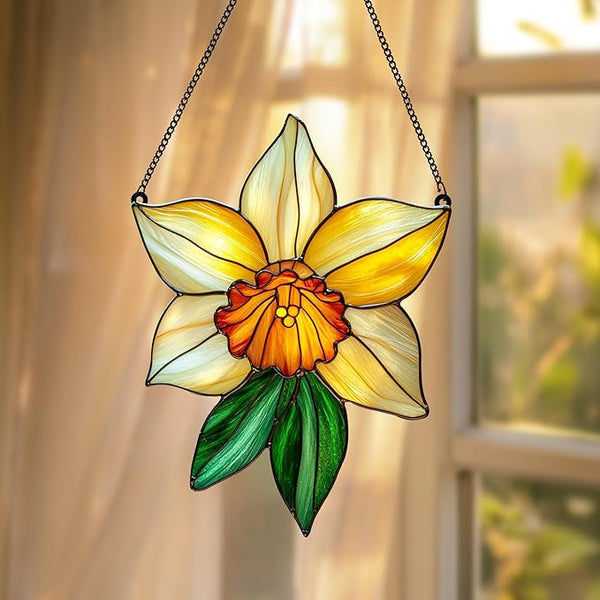 Daffodil March Birth Month Flower Acrylic Suncatcher, Flower Suncatchers for Window Hangings, Stained Glass Effect Garden Decor, Gift for Mother's Day, Mom, Grandma, Wife, Women