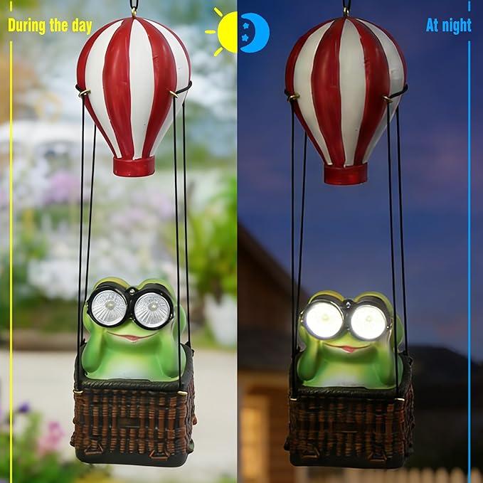 Solar Hot Air Balloon Frog Hanging Garden Statue with Lantern, Cute and Funny Figurine Solar Light Garden Outdoor Waterproof Decoration, Beautifully Crafted Birthday Gifts for Mom or Dad