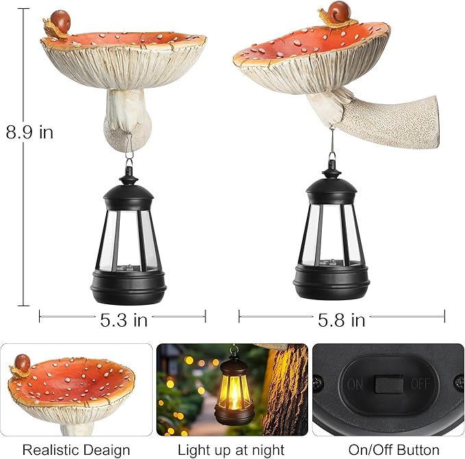 Etlemonde Solar Mushroom Garden Statue, Cute Hand-Painted Resin Decoration with Snail & Lantern, Waterproof Outdoor Ornament, Perfect Fairy Garden Decor & Unique Gift(Red)