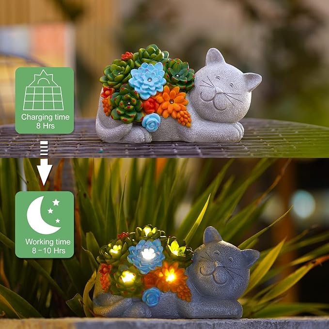 Qeeman Garden Solar Cat Statues: Outdoor Figurine Decor Ornaments for Patio Art Balcony Yard Lawn - Birthday Gifts for Mom Grandma Women