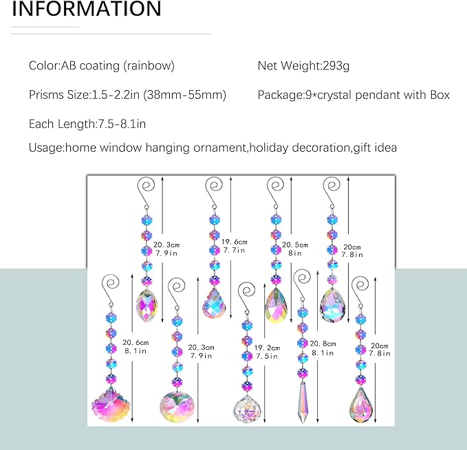HDCRYSTALGIFTS 9 Pack Crystal Prisms Suncatchers, Rainbow Hanging Crystals Sun Catchers Indoor Windows, Colorful Beads Chains for Home Christmas Tree Decor