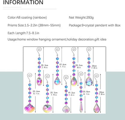 HDCRYSTALGIFTS 9 Pack Crystal Prisms Suncatchers, Rainbow Hanging Crystals Sun Catchers Indoor Windows, Colorful Beads Chains for Home Christmas Tree Decor