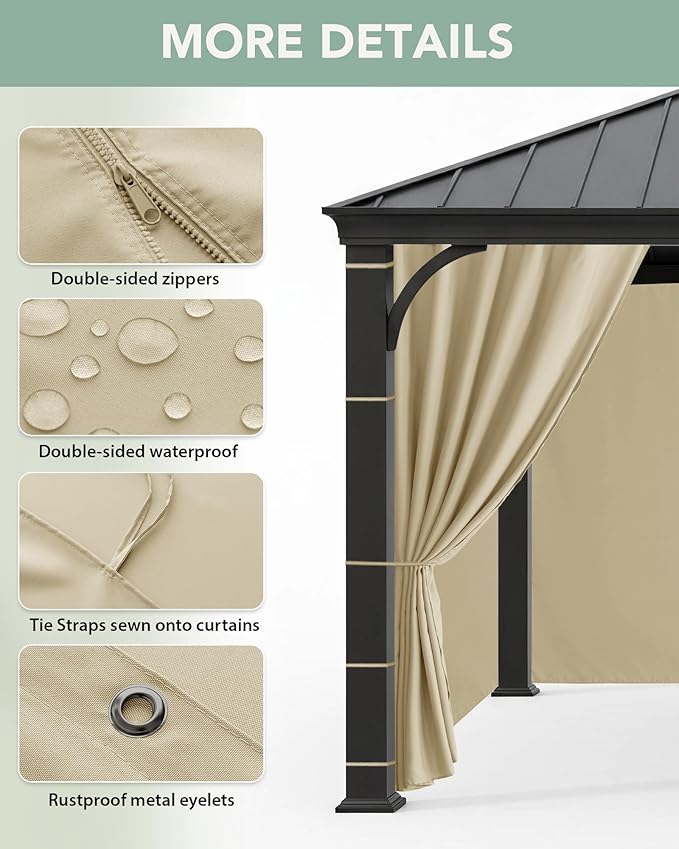 Gazebo Curtains Outdoor Waterproof - 10'Wx12'Lx7.9'H Gazebo Universal Replacement Privacy Curtains, 4 Panels Sidewall Drapes with Zipper for Patio Pergola Garden Backyard, Cream