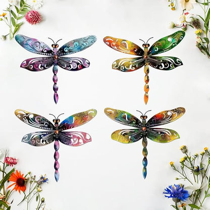 Set of 4 Colorful Dragonfly Metal Sign Art Decor,4Pcs Dragonflies Silhouette Wall Hanging Gifts for Birthday Housewarming,Dragonfly Ornament Decorate for Fence Garden Yard Patio Farmhouse Ranch