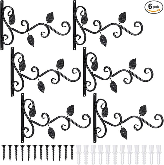 6 Pack Hanging Plant Brackets 12-Inch, Black Iron Wall Hooks for Planters, Lanterns, Bird Feeders & Wind Chimes Indoor/Outdoor