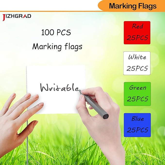 100Pack Red&Green&Blue&White Marking Flags, JIZHGRAD 15x4x5 Inch Marker Flags Use for Yard & Lawn, Boundary & Dog Training, Survey & Landscape, Sprinkler & Surveyor, Garden & Construction, High Visibility, Sturdy, Versatile, UV & Weather Resistant