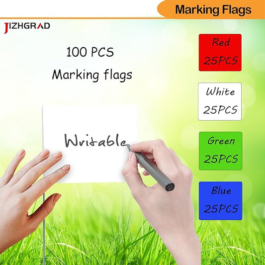 100Pack Red&Green&Blue&White Marking Flags, JIZHGRAD 15x4x5 Inch Marker Flags Use for Yard & Lawn, Boundary & Dog Training, Survey & Landscape, Sprinkler & Surveyor, Garden & Construction, High Visibility, Sturdy, Versatile, UV & Weather Resistant