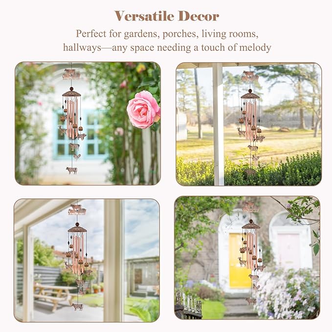 Farm Animal Wind Chimes Gifts for Women Men, Farmhouse Decor for Outside Garden Patio, 35 Inch Vintage Metal Cow Pig Chicken Sheep Goat Wind Chimes