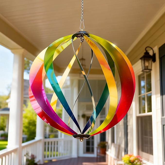 Hanging Wind Spinners Outdoor - Tool-Free Assembly Garden Wind Spinners, Spring Metal Yard Decor with Dual Hooks for DIY Accessories, Weatherproof Rust-Resistant 3D Ball(Rainbow, 12 Inch)