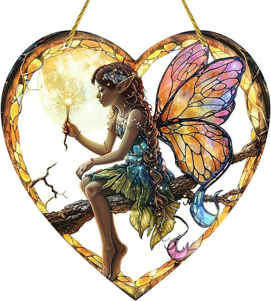 Flower Fairy Acrylic Window Hanging, Stained Glass Suncatcher, Holiday and Christmas Decorations, Heart Shaped Elf Girl Art, Chroma