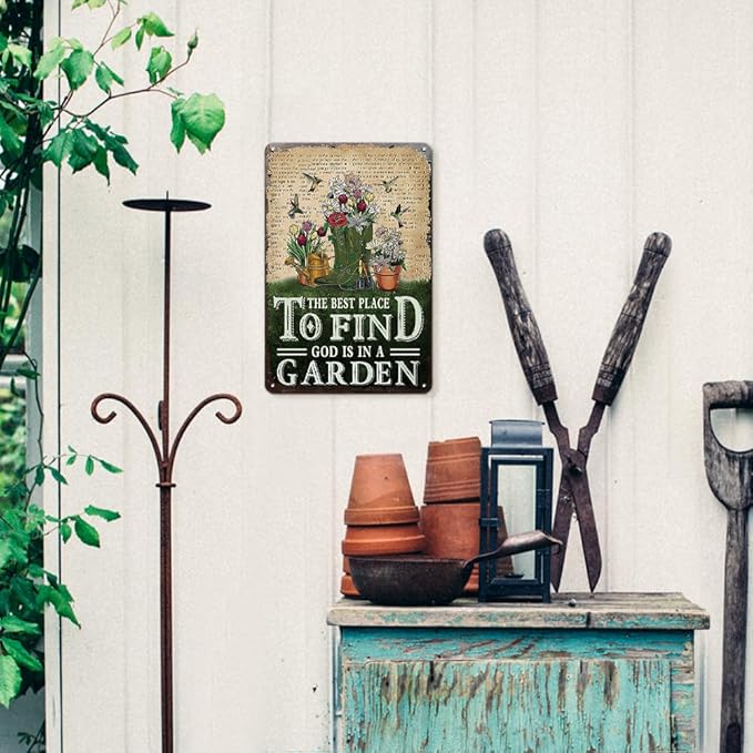 Garden Signs for Outside - Vintage Tin Sign for Outdoor Patio Decor, Backyard, Garden Deocr Wall Art Accessories, Gifts for Plant Lovers Women, 8 x 12 inch