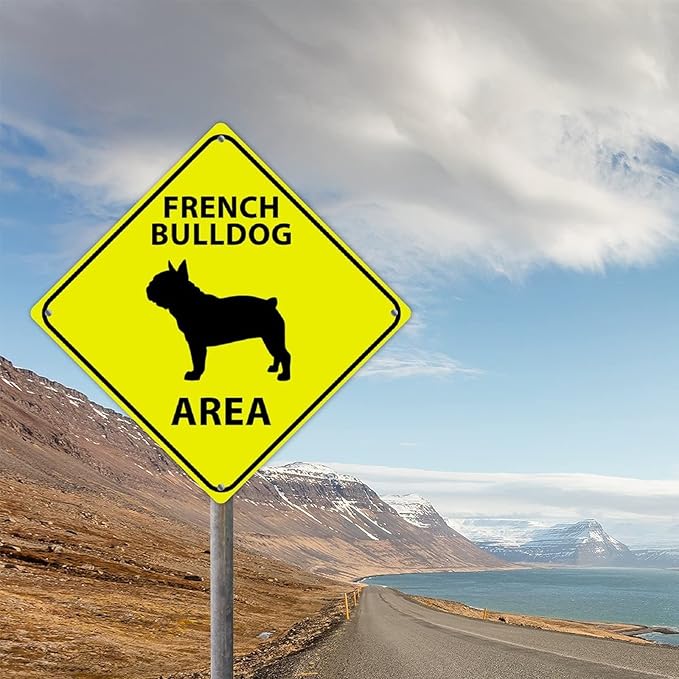 French BullDog Area Xing Caution Crossing Sign French BullDog Dog Aluminum Metal Sign Warning Sign Novelty Road Fence Yard Wall Decor For Indoor Outdoor 10x10in