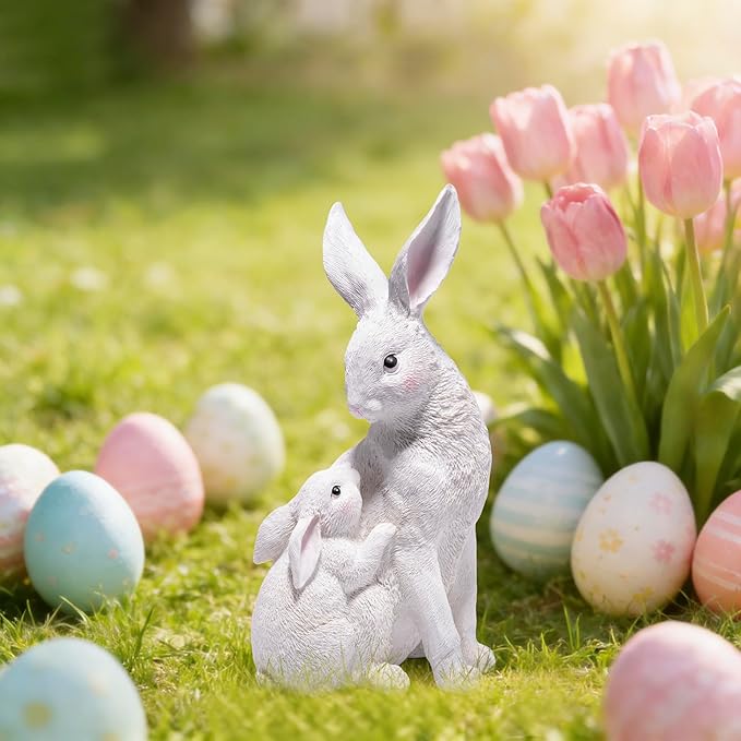 basen Outdoor White Bunny Figurines Mother and Baby Rabbit Resin Decor, Weather Resistant Garden Statue for Yard Patio Lawn, Easter Spring Decoration, Cute Animal Ornament for Home or Gift