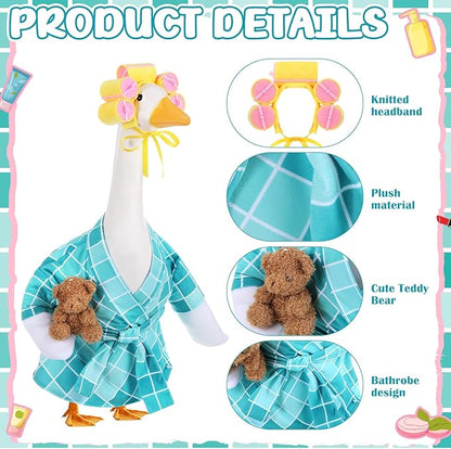 Shyyween Lady Porch Goose Outfit for 23'' Cement Plastic Lawn Goose Statue Clothes Bathrobe Bear Curlers for Outdoor Garden Yard Patio Decoration