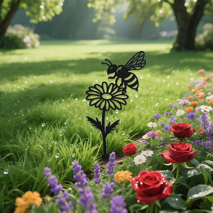 WADORN Wild Daisy Flower Bee Metal Decorative Garden Stakes, Funny Flower Insect Metal Silhouette Statues Funny Garden Ornament Gifts Black Yard Art Decor for Outdoor Backyard Patio Lawn Walkways