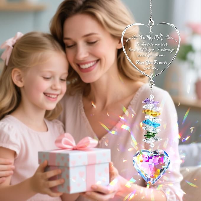 Mom Birthday Gifts, Crystal Suncatcher Indoor Window Rainbow Maker Hanging Ornament, I Love You Mom Sun Catcher Gifts for Mother Mama from Daughter Son
