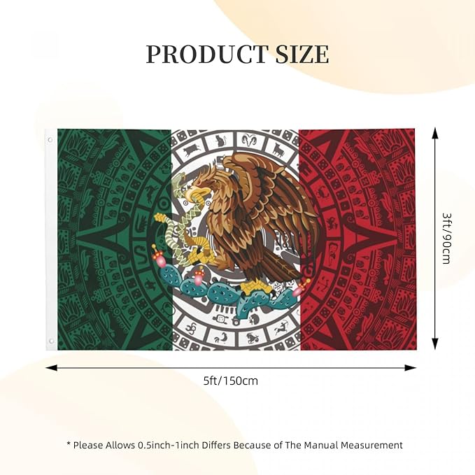 Mexican Flag – 3x5 Ft Outdoor/Indoor Durable Polyester Mexico Tapestry Vivid Color Fade Resistant Double-Sided with Brass Grommets – Mexican Banner Decor
