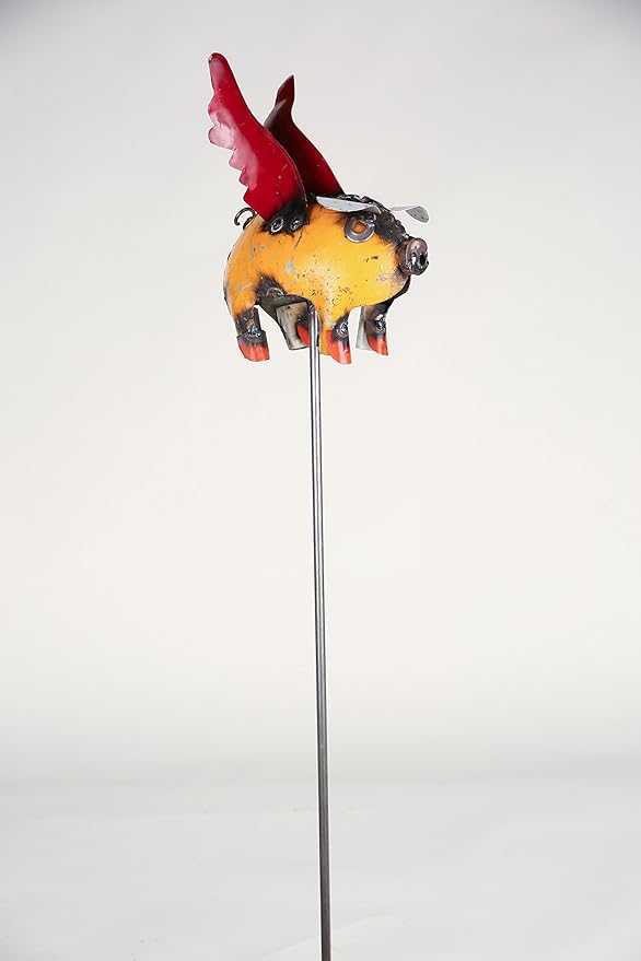 Flying Pig on a Stake-Recycled Metal Art-Sculpture-Garden-