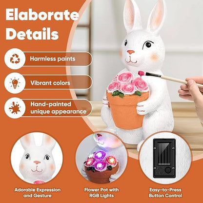 Brightever Solar Powered Outdoor Garden Statues- Rabbit with Flowers and 5 Colorful LED Lights, 11.8IN Outdoor Figurine Lights, Solar Garden Bunny Statue for Mom, Women, Female
