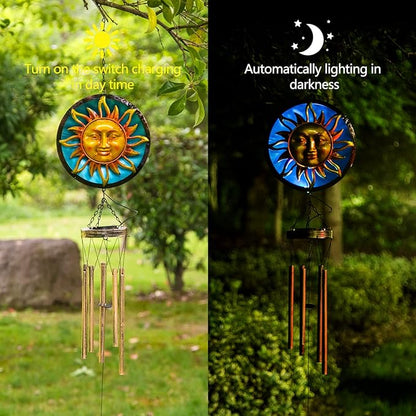 Asense Wind Chimes for Outside, Solar Powered LED Lights Sun Wind Chime, Outdoor Garden Lawn Yard Patio Decoration, Unique Hanging Decor Gifts