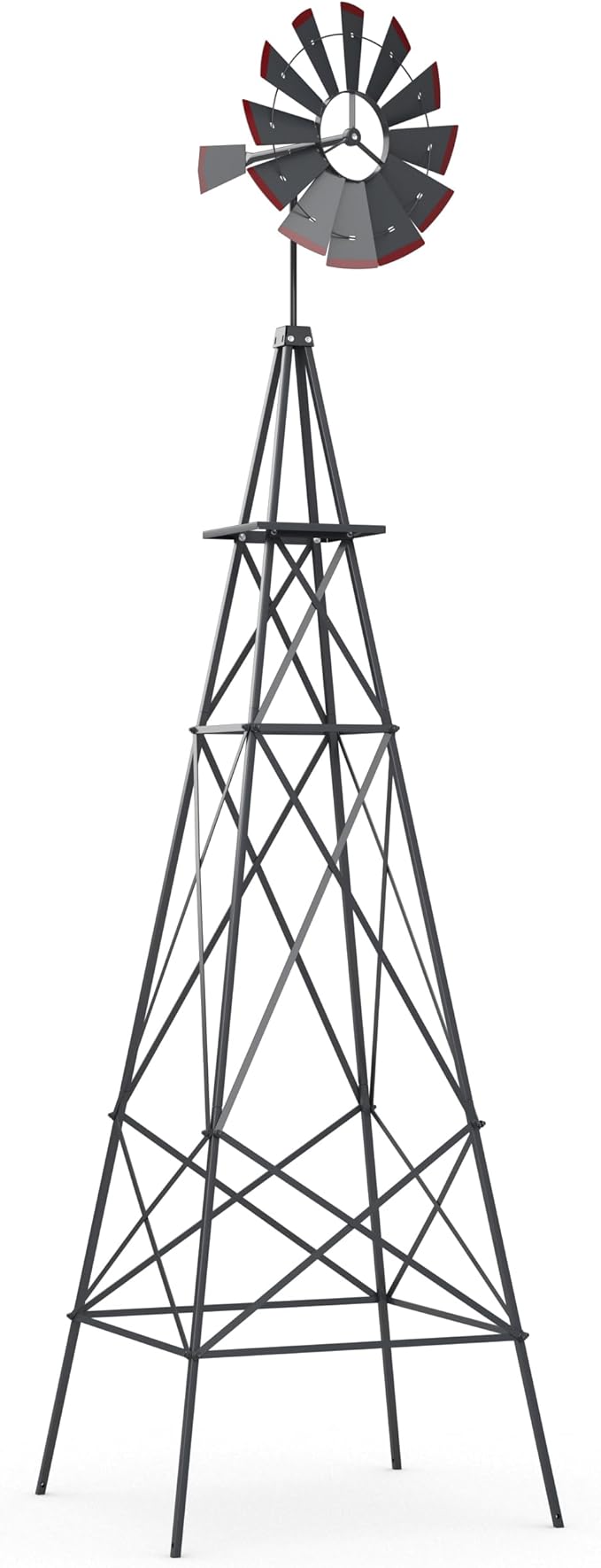 DREAMADE 8ft Steel Windmill, Farmhouse Windmill Decoration with Directional Vane, 4 Anchoring Stakes & Reinforced Base, Weather-Ready Garden Spinner for Backyard, Garden, Patios, Rural Areas (Grey)